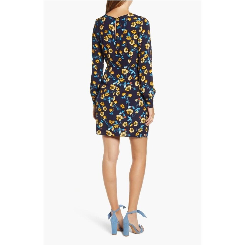 ASTR The Label Apron Front Long Sleeve Navy Mustard Floral Tie Wrap Dress Med - Picture 7 of 10